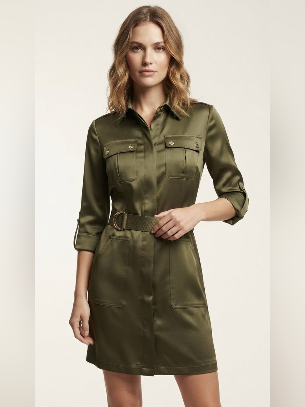 White House Black Market Satin Belted Utility Shirtdress Olive Green size 00